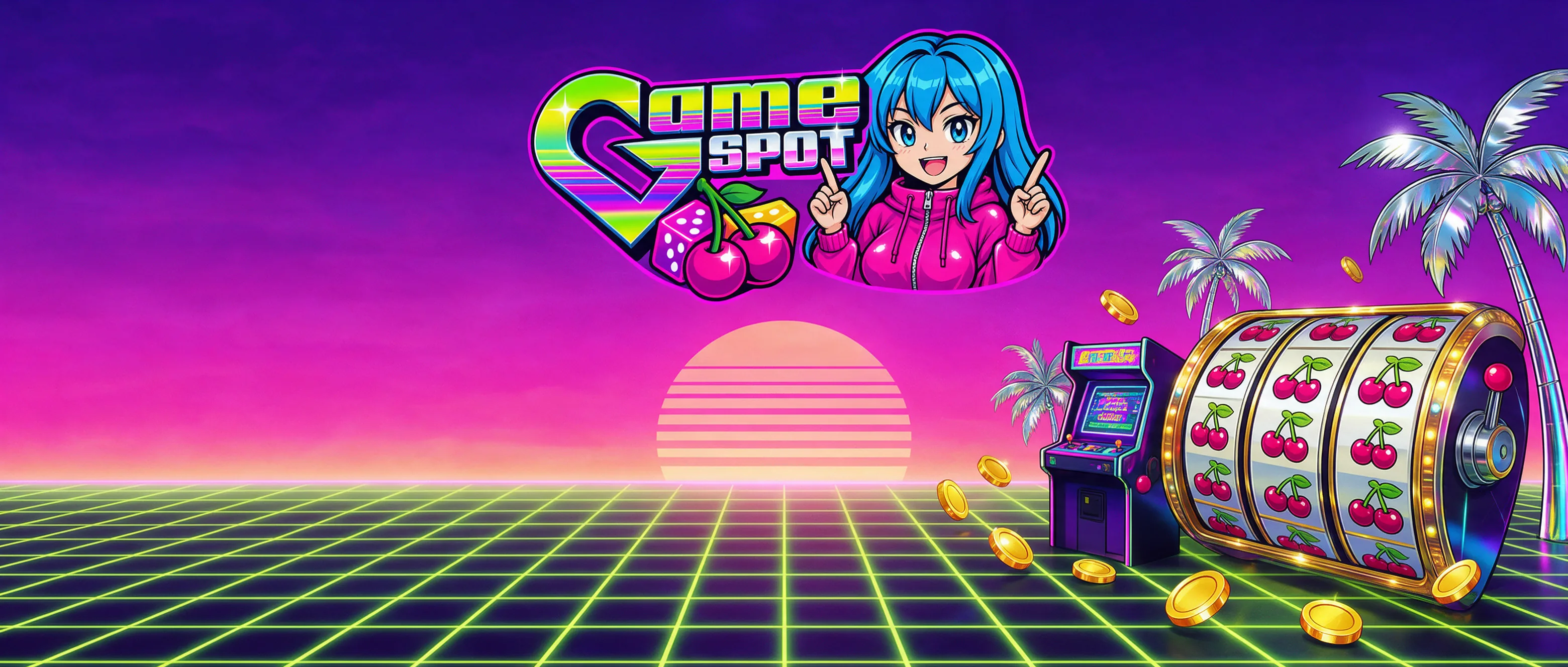 GameSpot Casino Logo mit blauhaariger Figur vor einer Synthwave-Landschaft und Spielautomaten