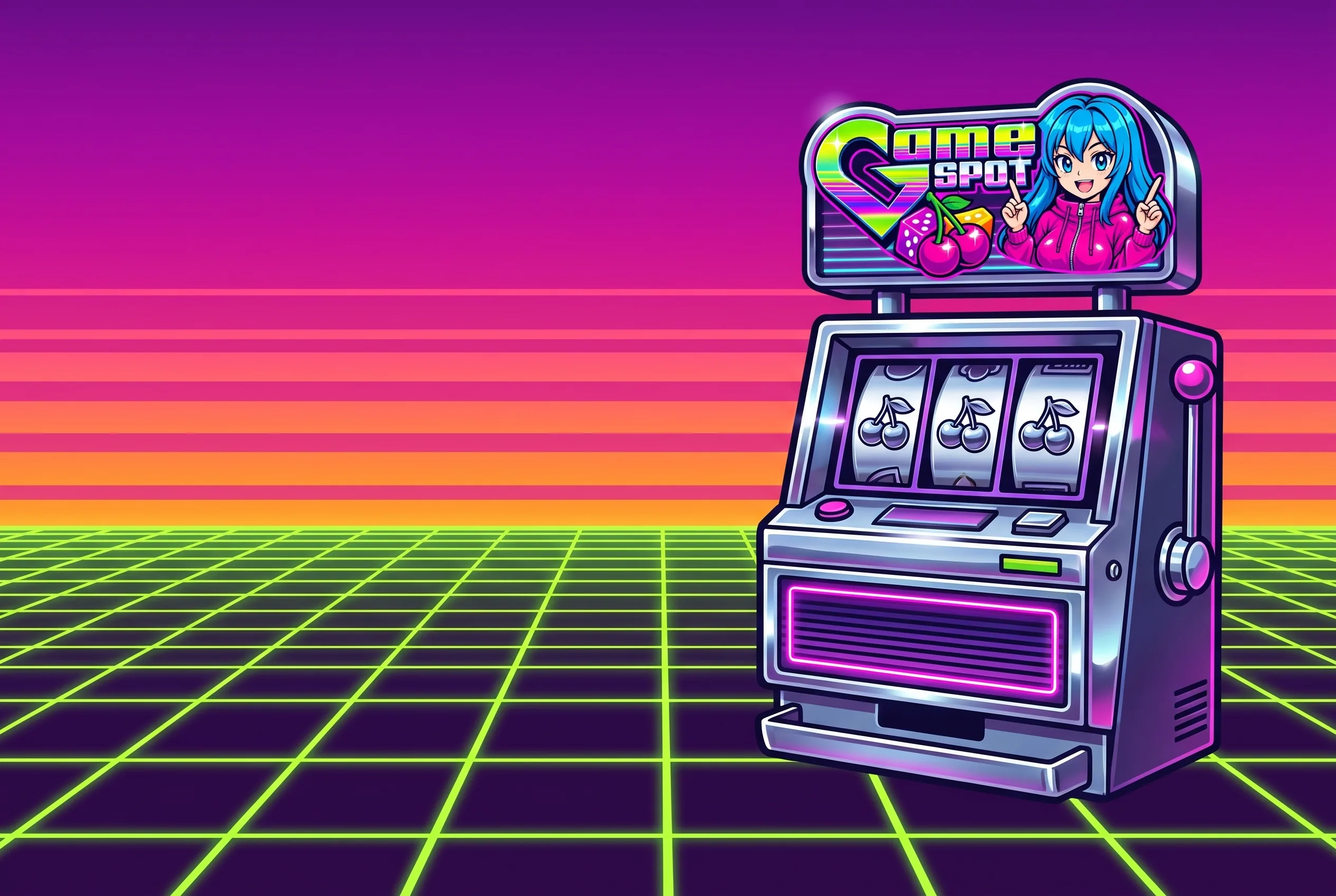GameSpot-Spielautomat vor einem Synthwave-Hintergrund